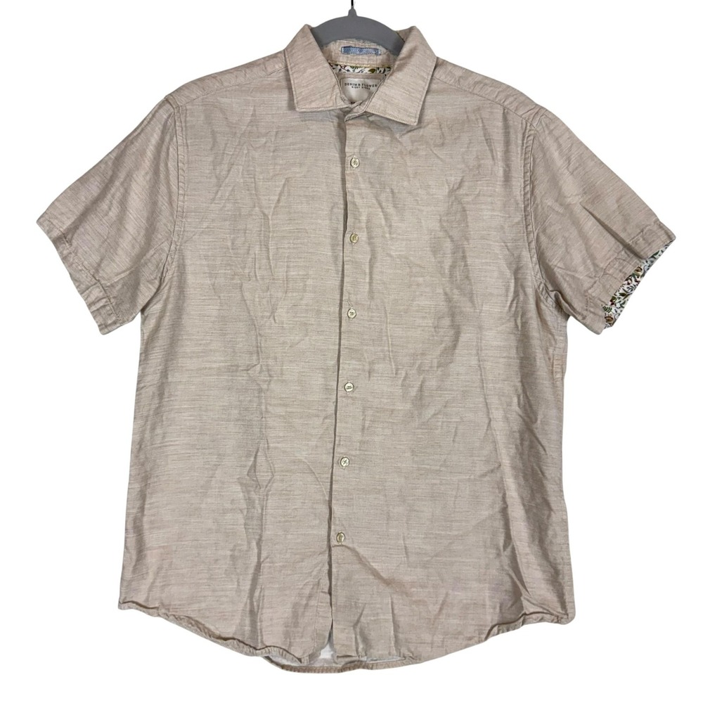 Denim & Flower Shirt Mens Medium Beige Short Sleeve Button Up Lightweight Casual